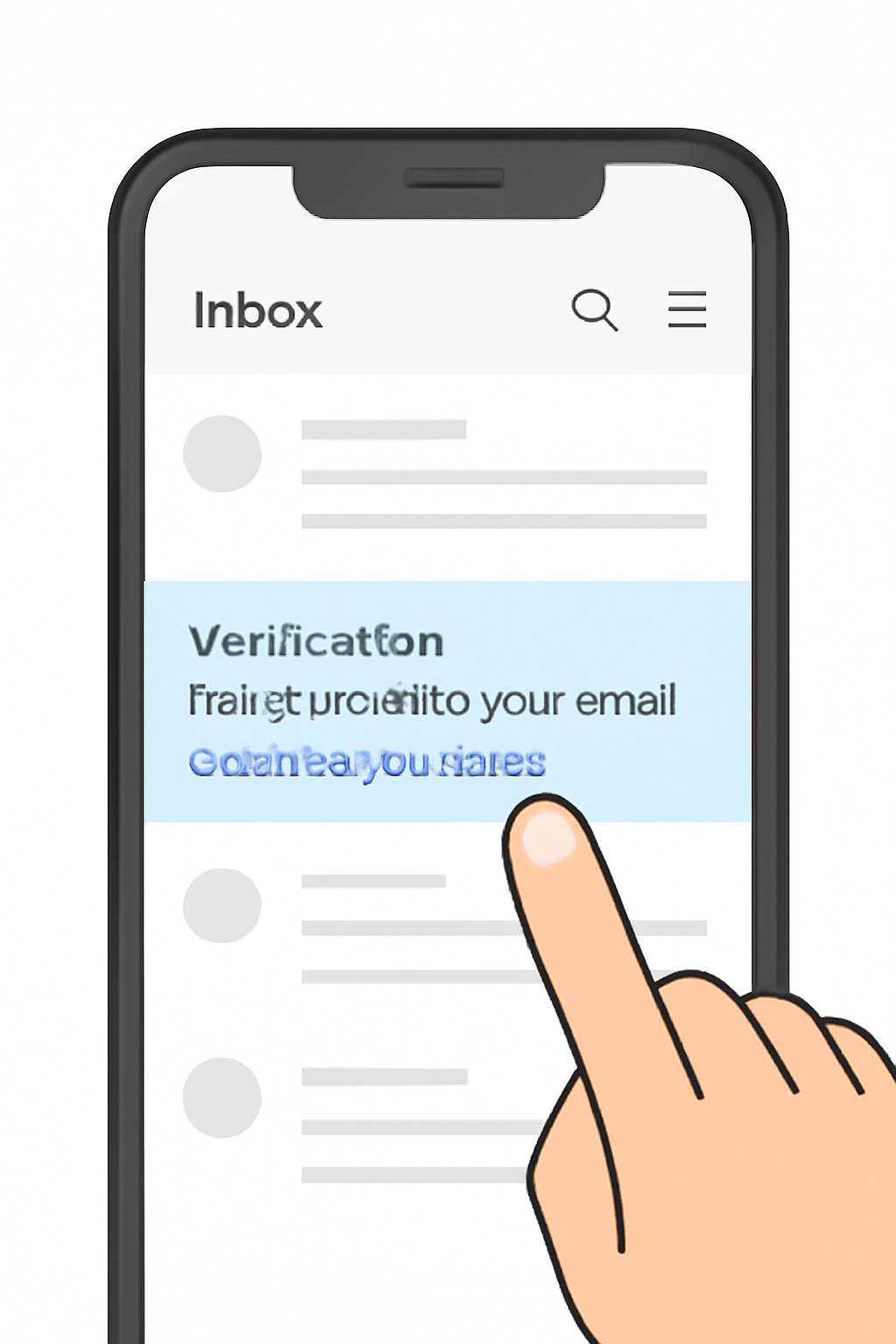A smartphone displaying an email inbox with a highlighted verification email, finger about to tap a confirmation link