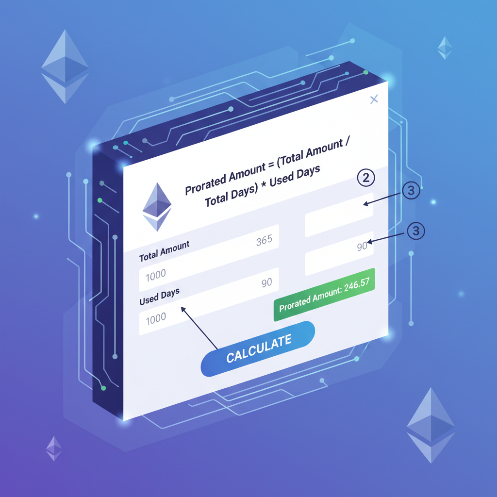 mathematical formula on digital ledger, proration calculator interface, Ethereum