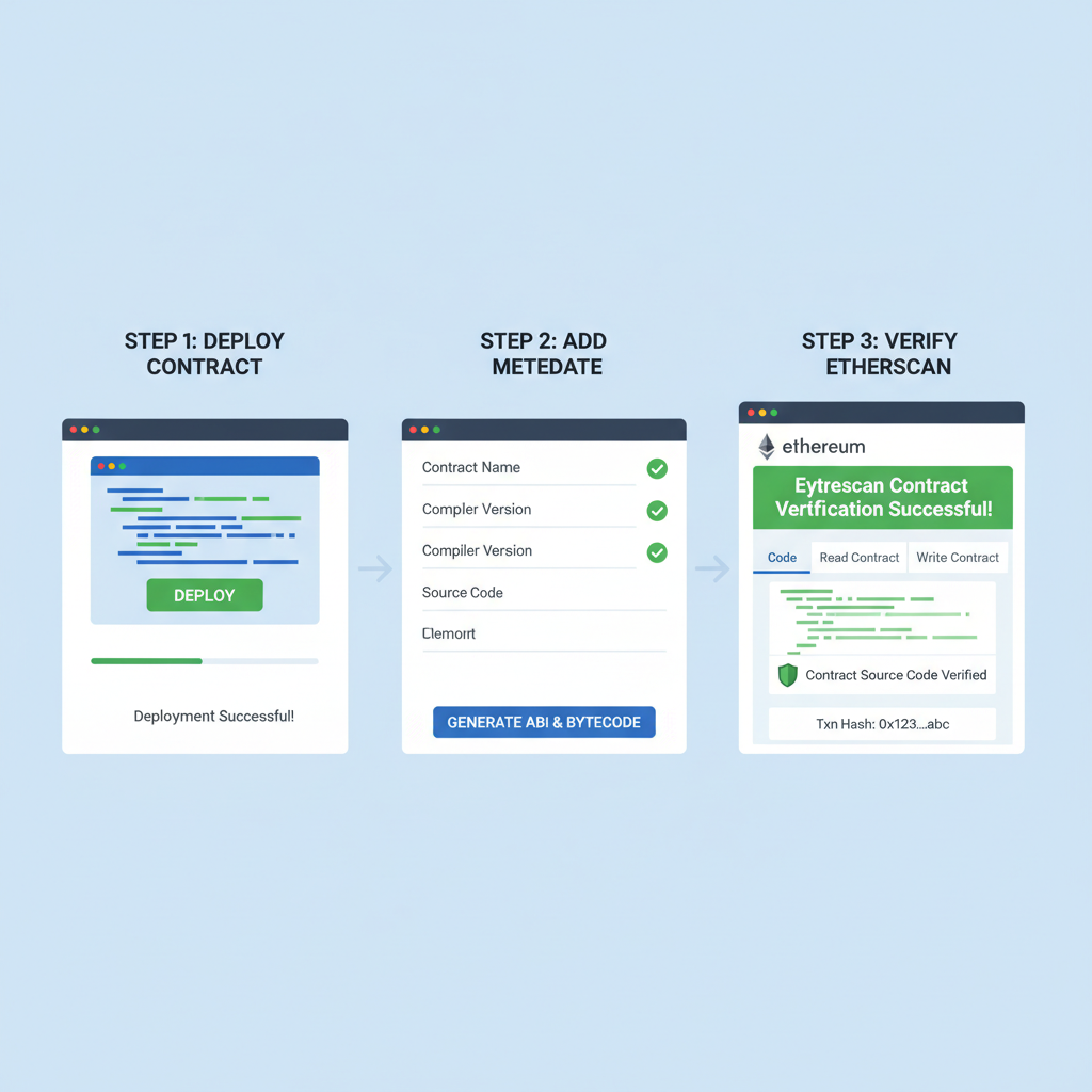 smart contract deployment dashboard, Etherscan verification success, Ethereum network