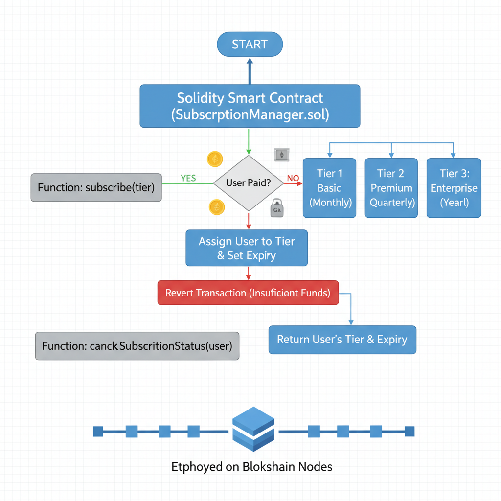 Solidity smart contract diagram, subscription tiers flowchart, Ethereum blockchain nodes