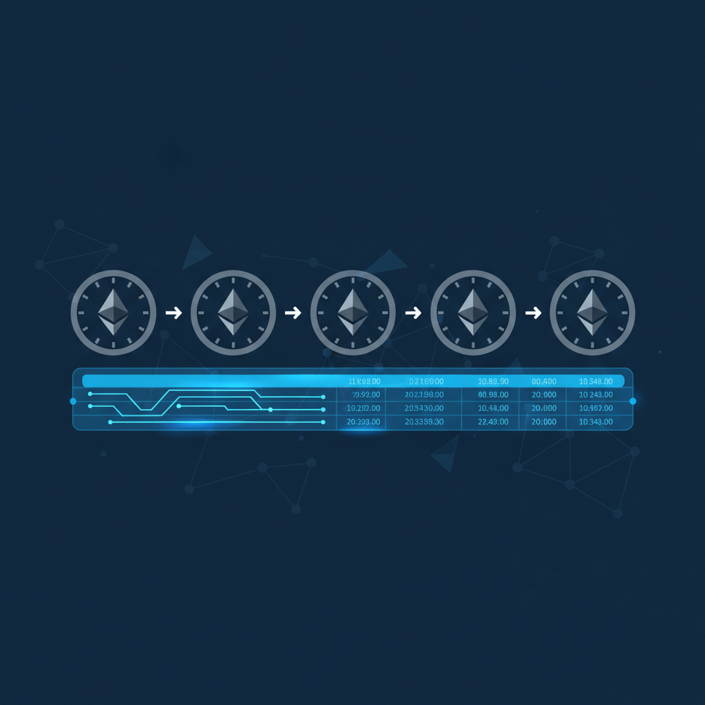 clock icons on Ethereum blockchain, timestamp ledger glowing blue