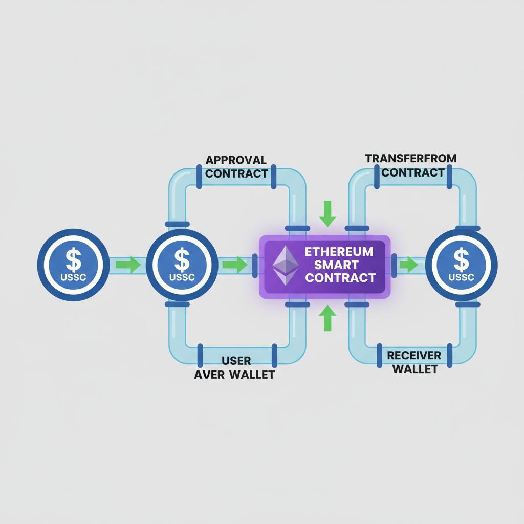 USDC tokens flowing through Ethereum smart contract pipes, stablecoin transfer animation