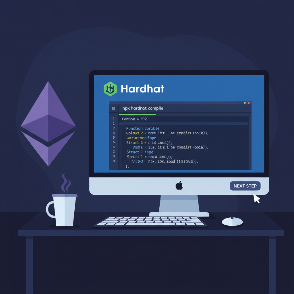 developer workstation with Hardhat terminal, Ethereum logo, Solidity code, dark mode