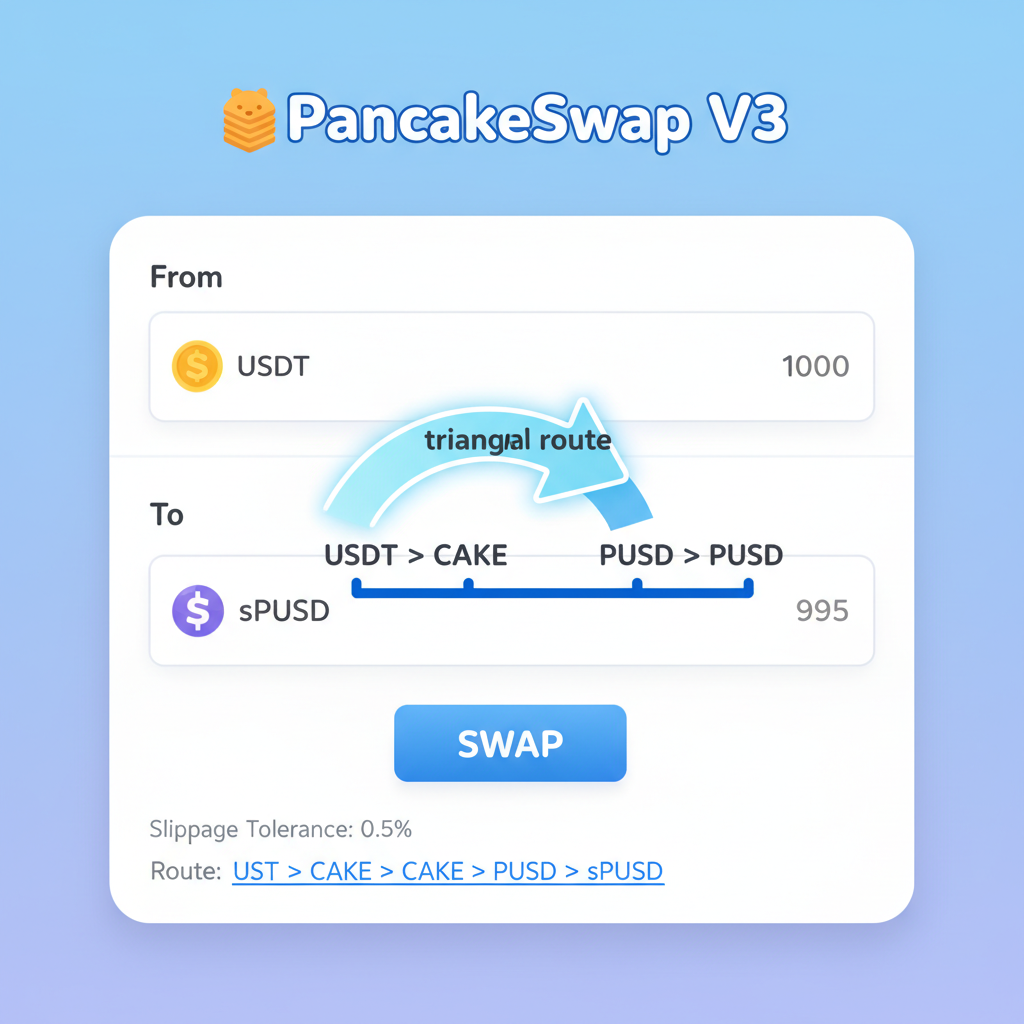 PancakeSwap V3 swap screen with USDT to sPUSD triangular route highlighted
