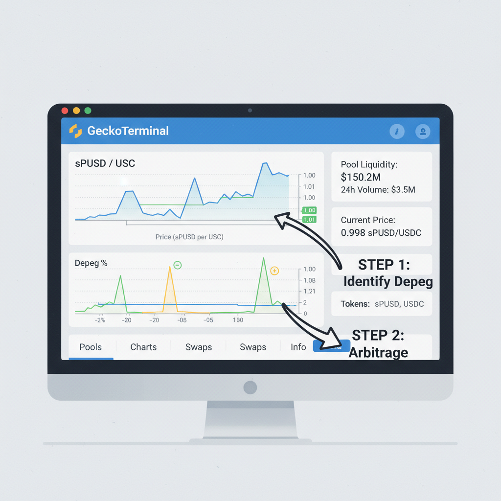 DeFi dashboard on GeckoTerminal showing sPUSD USDC pool prices and depeg charts on BNB Chain