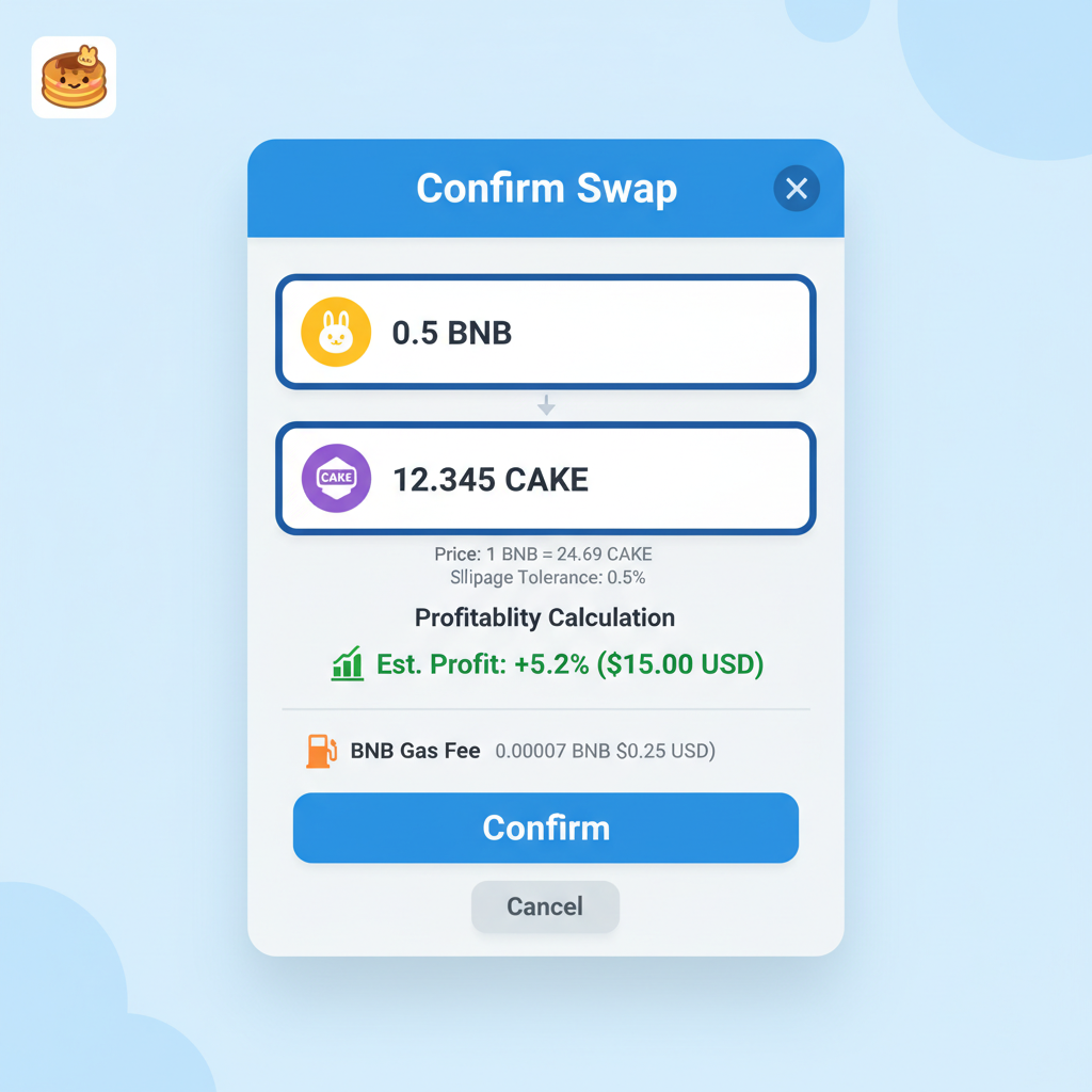 PancakeSwap confirmation modal with swap details, profitability calc, BNB gas