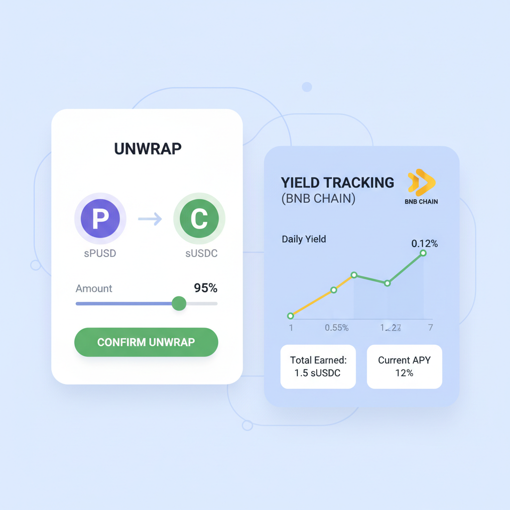 Portfolio dashboard showing sPUSD unwrap to sUSDC and yield tracking on BNB