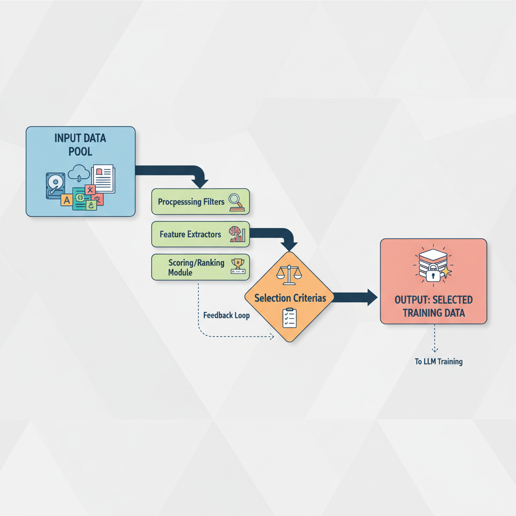 data selection algorithm graph for LLM training, efficiency curves, scalable model progression diagram