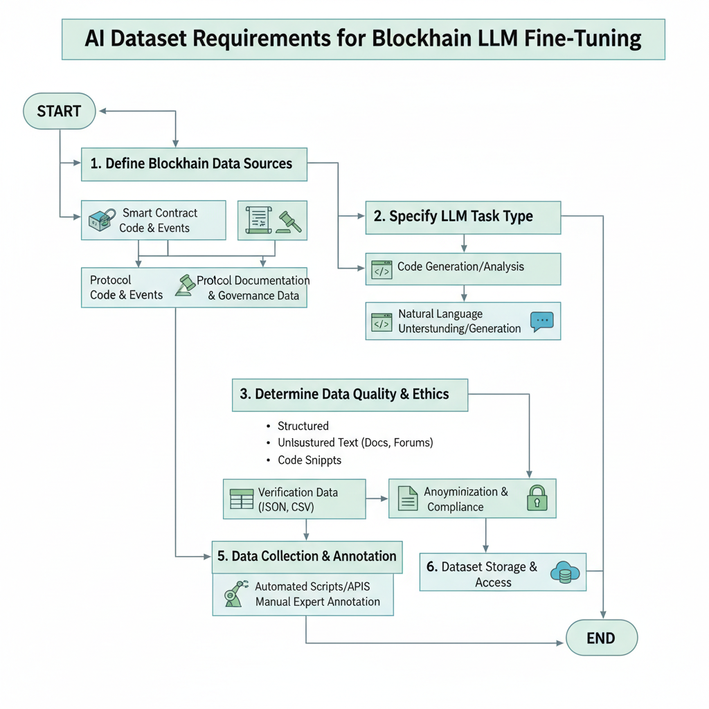 professional flowchart defining AI dataset requirements for blockchain LLM fine-tuning, clean modern style