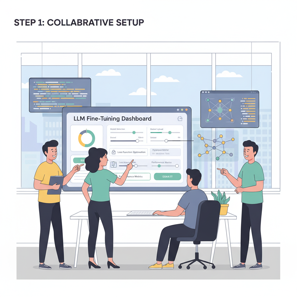 team of AI experts collaborating on LLM fine-tuning dashboard, professional office with data screens
