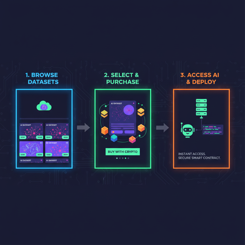 futuristic blockchain marketplace interface for AI datasets, neon crypto elements, high-tech dashboard