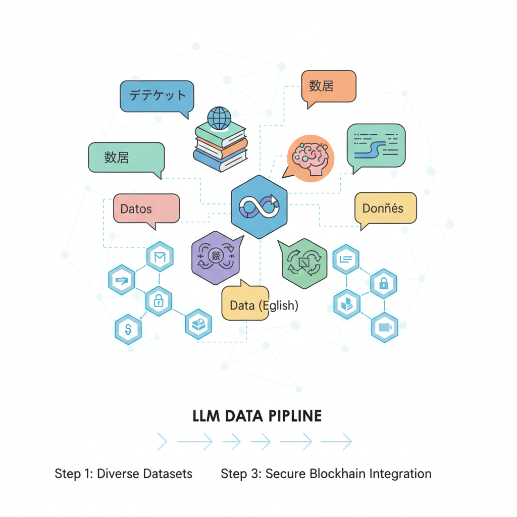 diverse open-source dataset library icons for LLMs, multilingual text bubbles, blockchain nodes connected