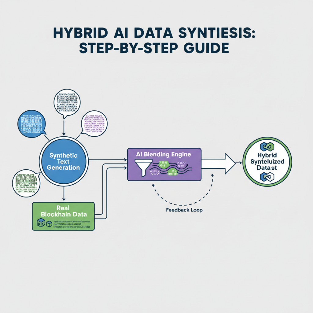 hybrid AI data synthesis process visualization, synthetic text blending with real blockchain data, abstract flow
