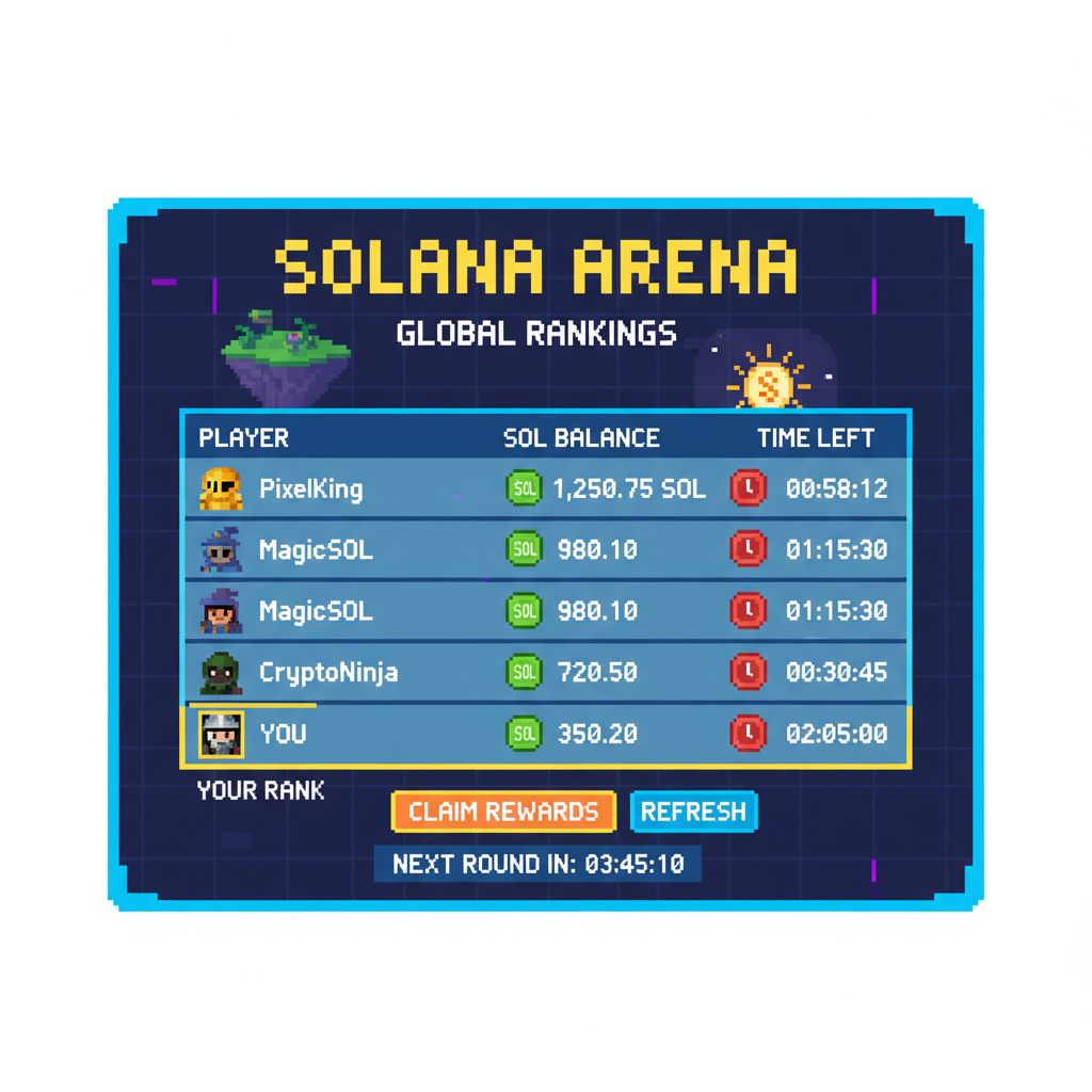 pixel art leaderboard in Solana crypto game showing player SOL balances and countdown timers