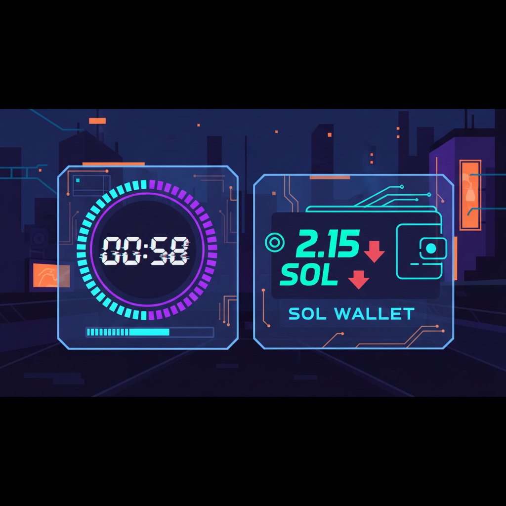 closeup game UI timer ticking down next to SOL wallet balance cyberpunk style