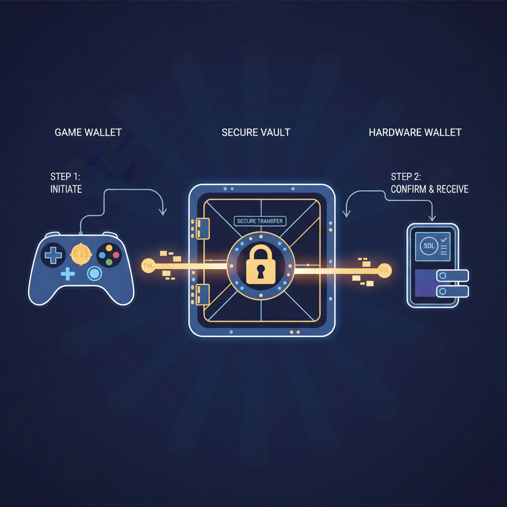 secure SOL transfer from game wallet to hardware wallet animation glowing safe vault