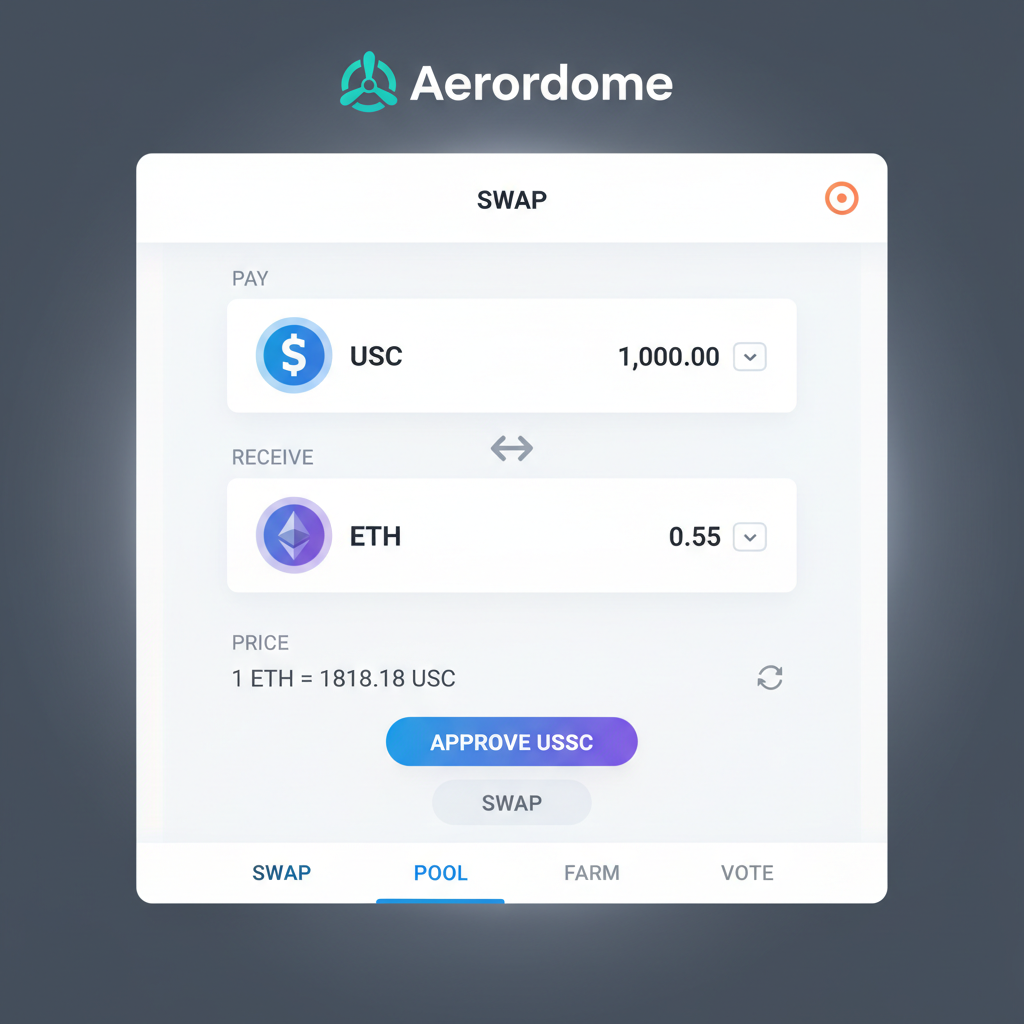 Aerodrome DEX swap interface with USDC ETH trade