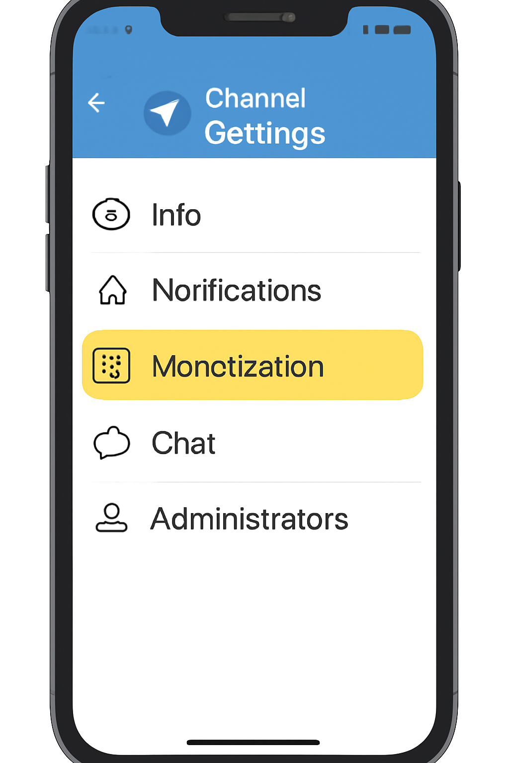 A smartphone screen displaying Telegram channel settings with a highlighted 'Monetization' tab