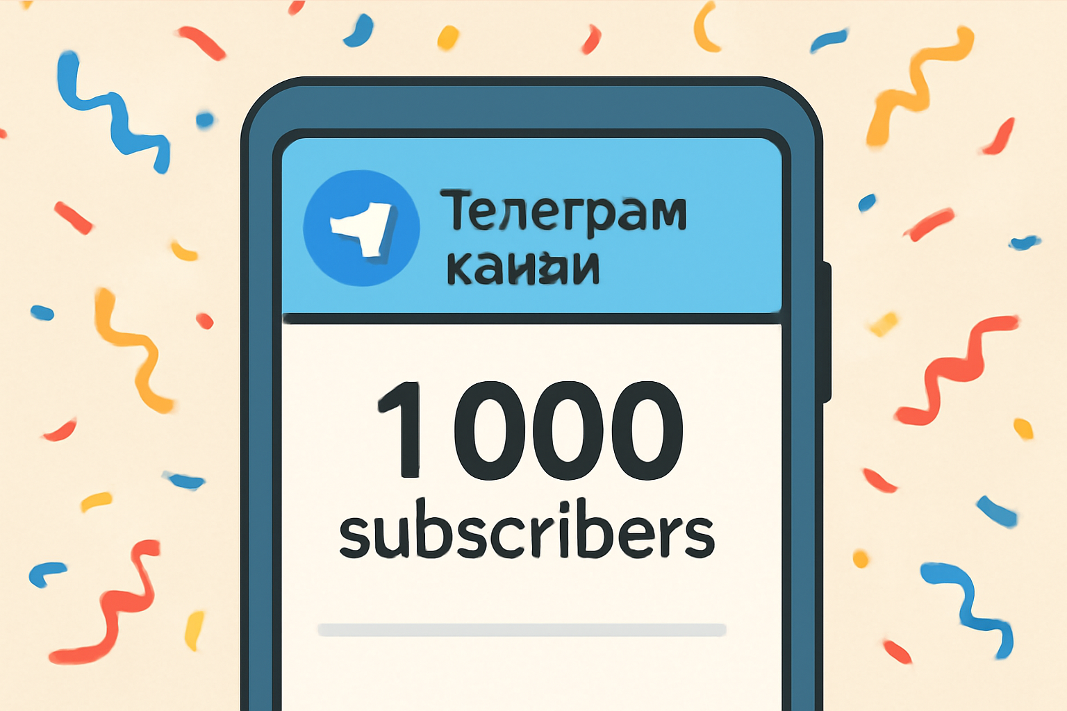 A Telegram channel with a visible subscriber count reaching 1,000, celebratory confetti in the background