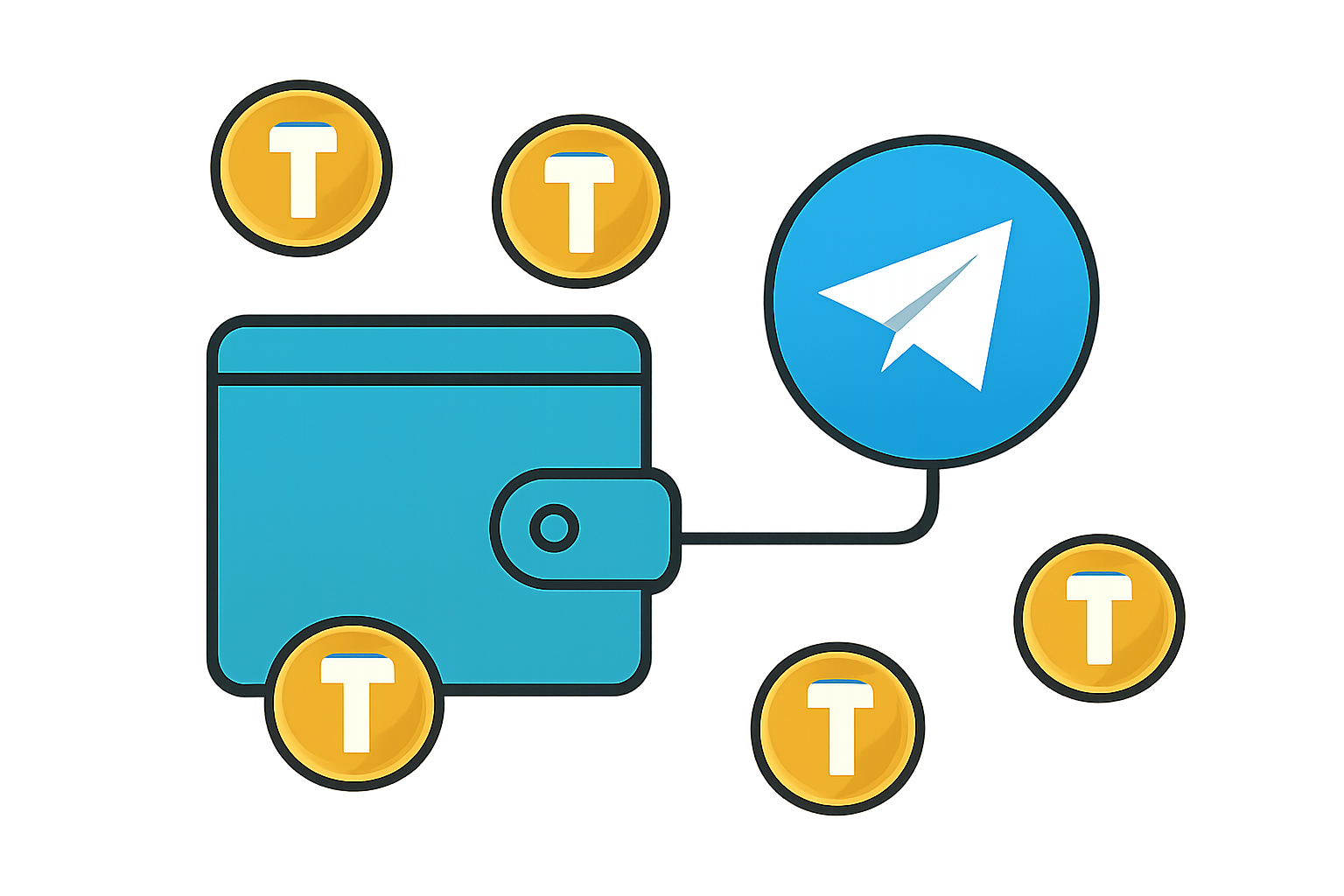 A digital wallet icon connected to the Telegram logo, with Toncoin symbols floating around