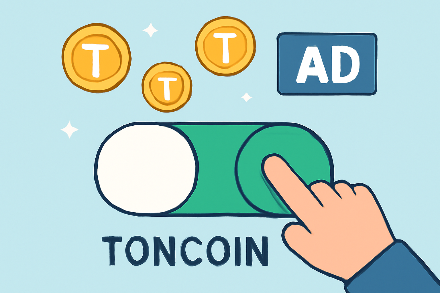A toggle switch being turned on, with Toncoin coins and ad banners in the background