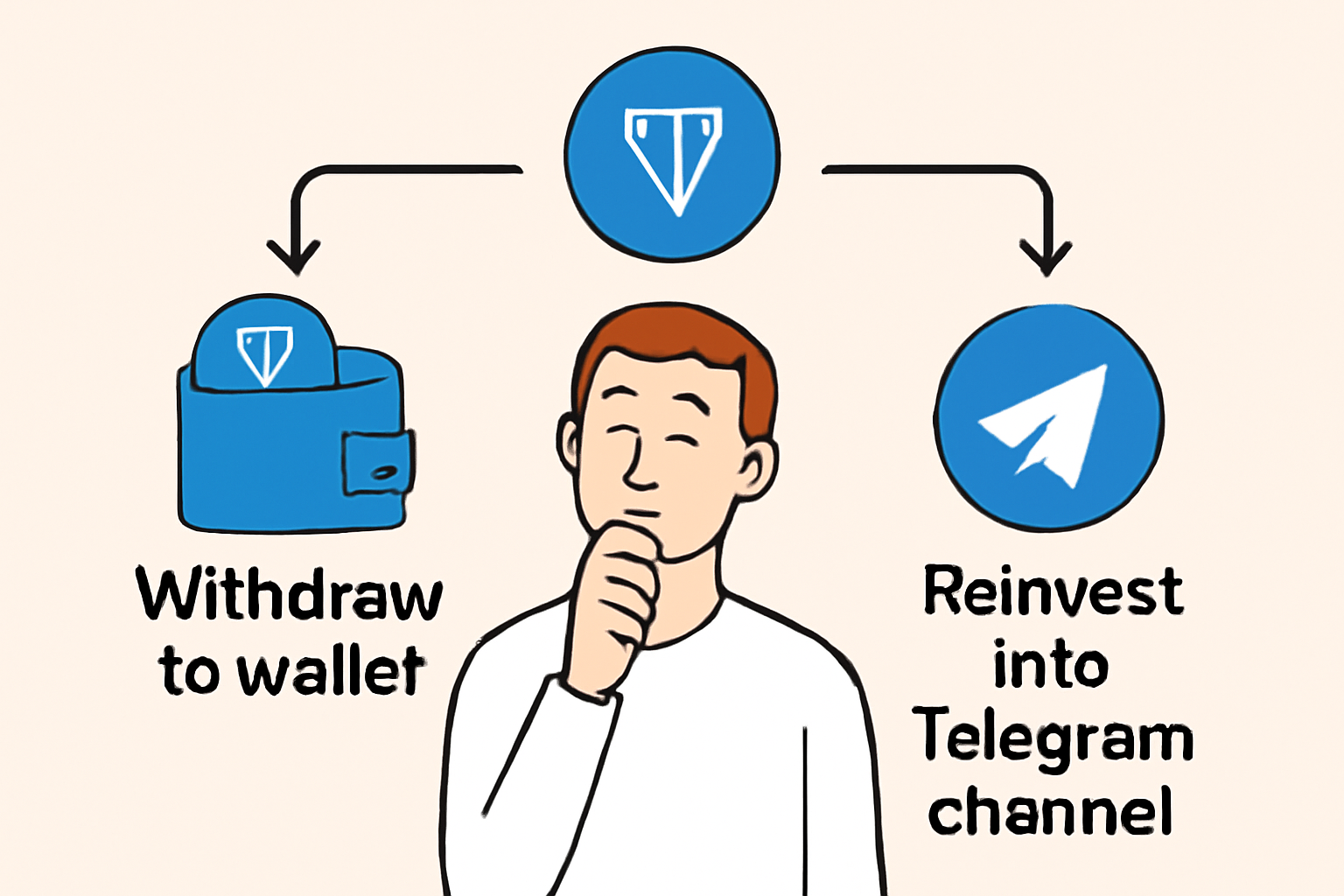 A user choosing between withdrawing Toncoin to a wallet or reinvesting it into a Telegram channel, arrows pointing both ways