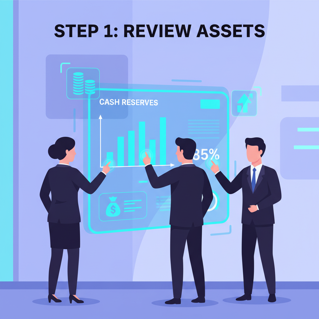 business executives auditing cash reserves on holographic dashboard, futuristic neon blues