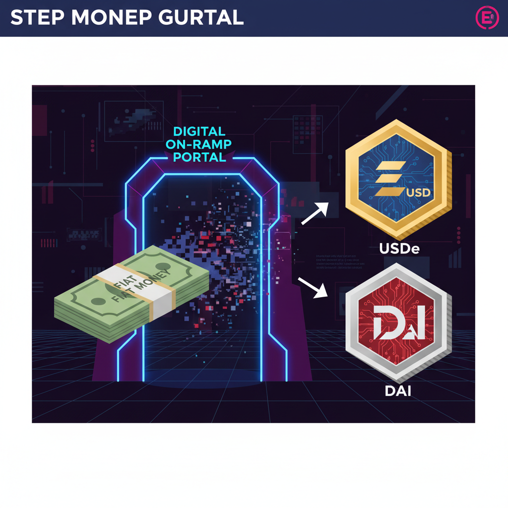 fiat money transforming into USDe and DAI coins via digital on-ramp portal, vibrant cyberpunk style