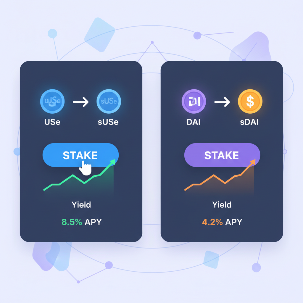 staking USDe to sUSDe and DAI to sDAI in DeFi interface, glowing yield charts ascending