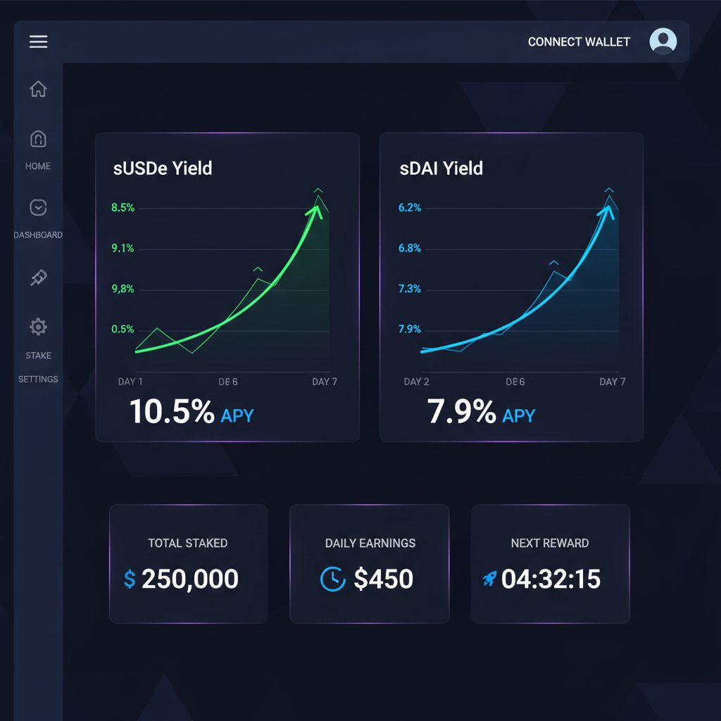 dashboard monitoring sUSDe and sDAI yields with rising graphs, dark mode innovative UI