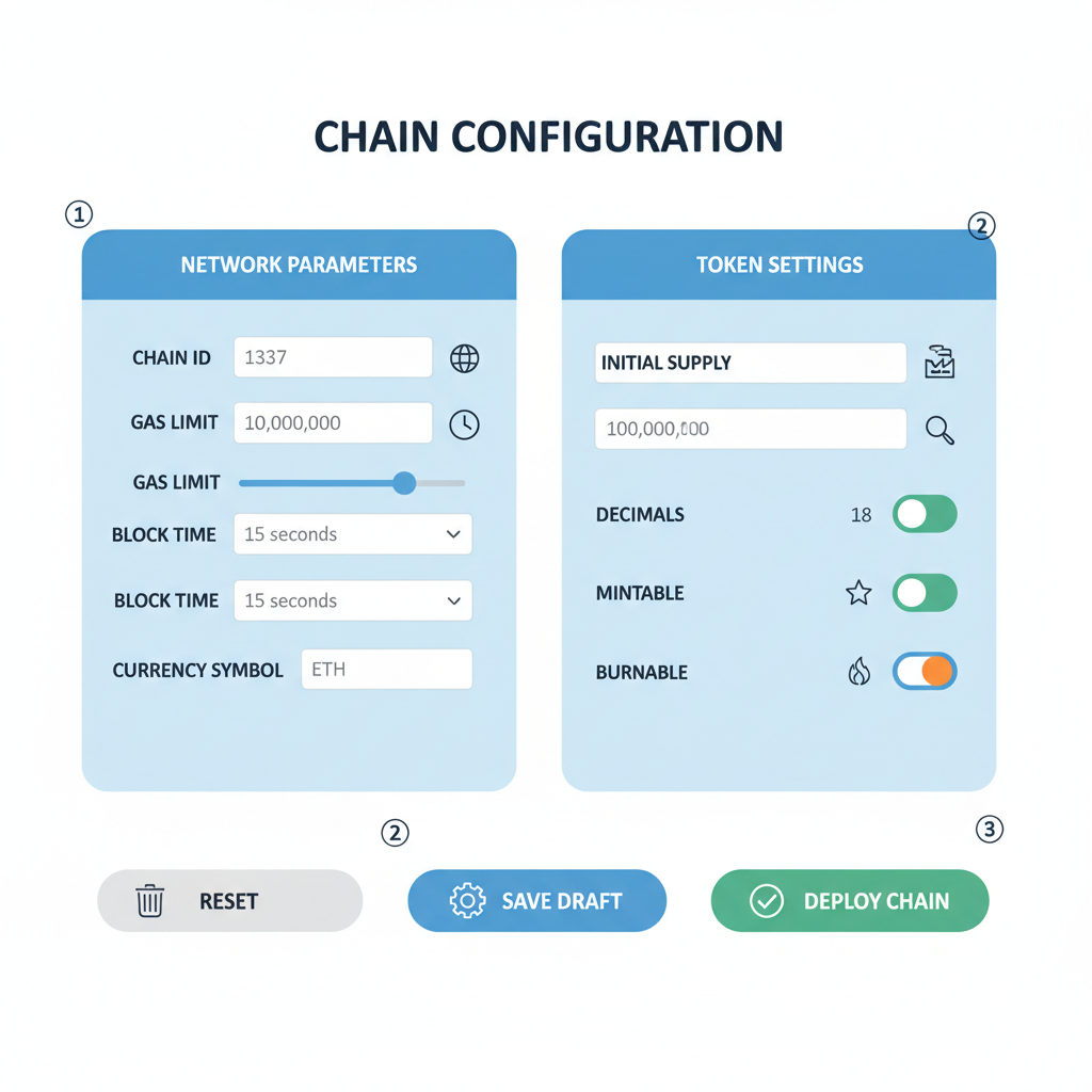detailed chain configuration screen with parameters like gas limits and token settings, tech UI