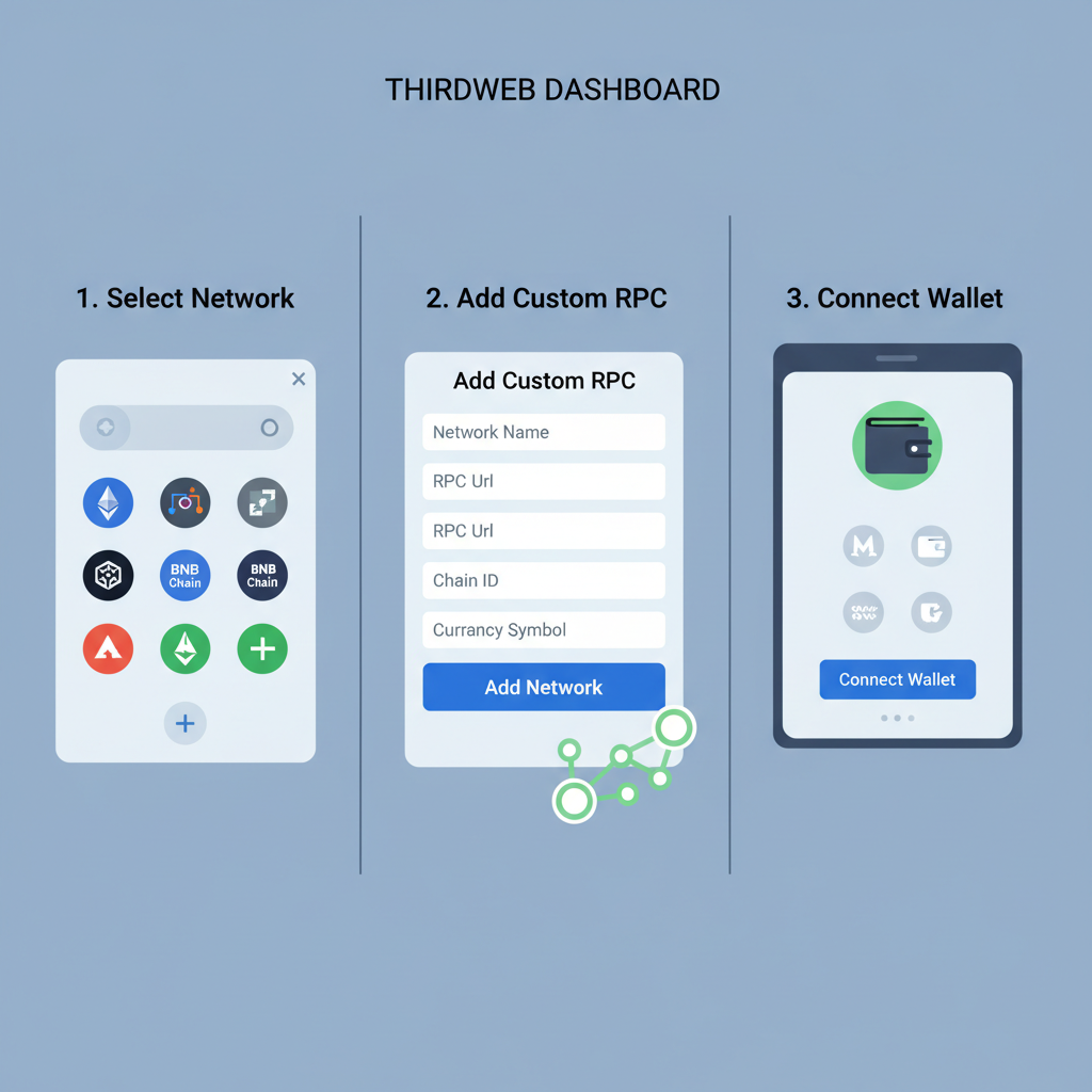 thirdweb dashboard adding custom RPC network, connection icons, web3 interface