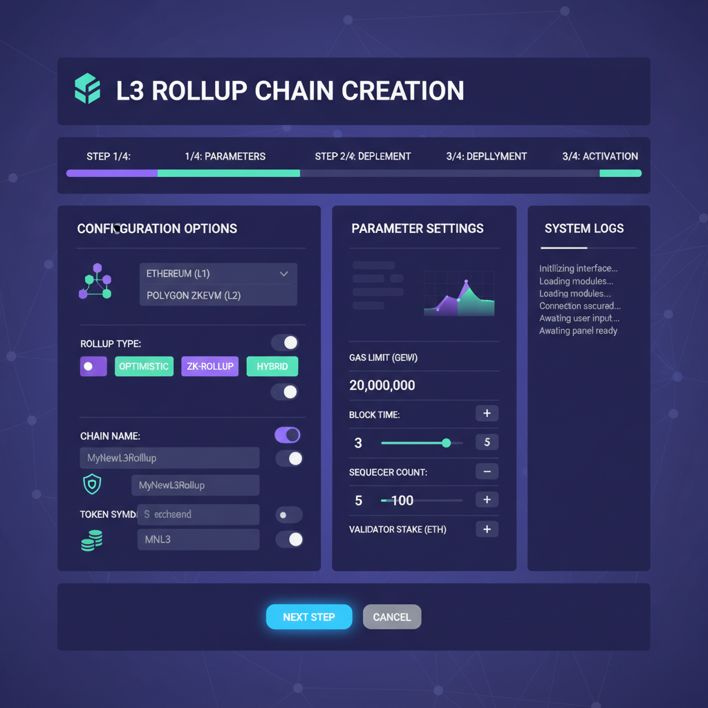 blockchain dashboard creating new L3 rollup chain, configuration panels, futuristic interface