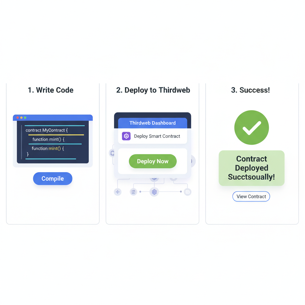 deploying smart contract on thirdweb platform, code editor and success notification