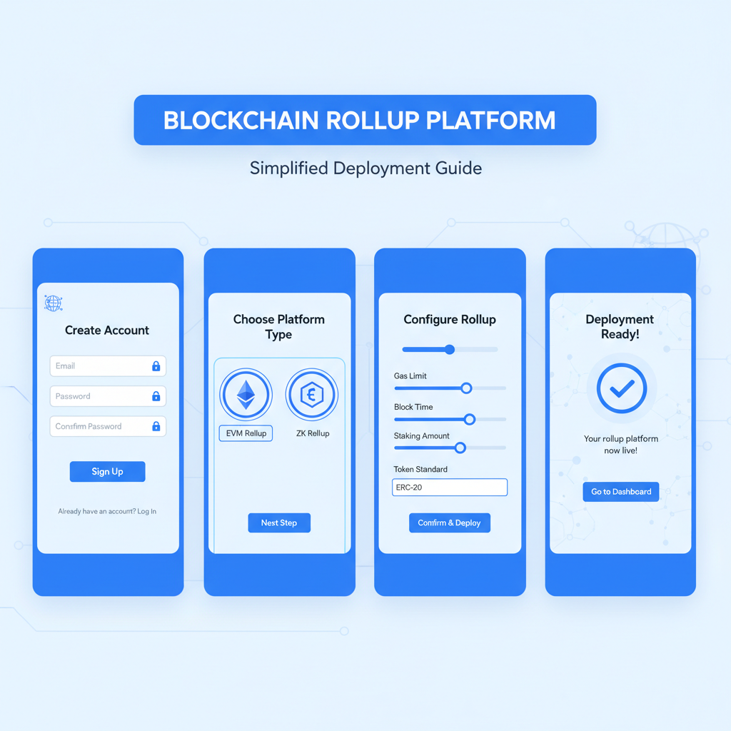 modern web dashboard signup for blockchain rollup deployment platform, clean UI, blue tones