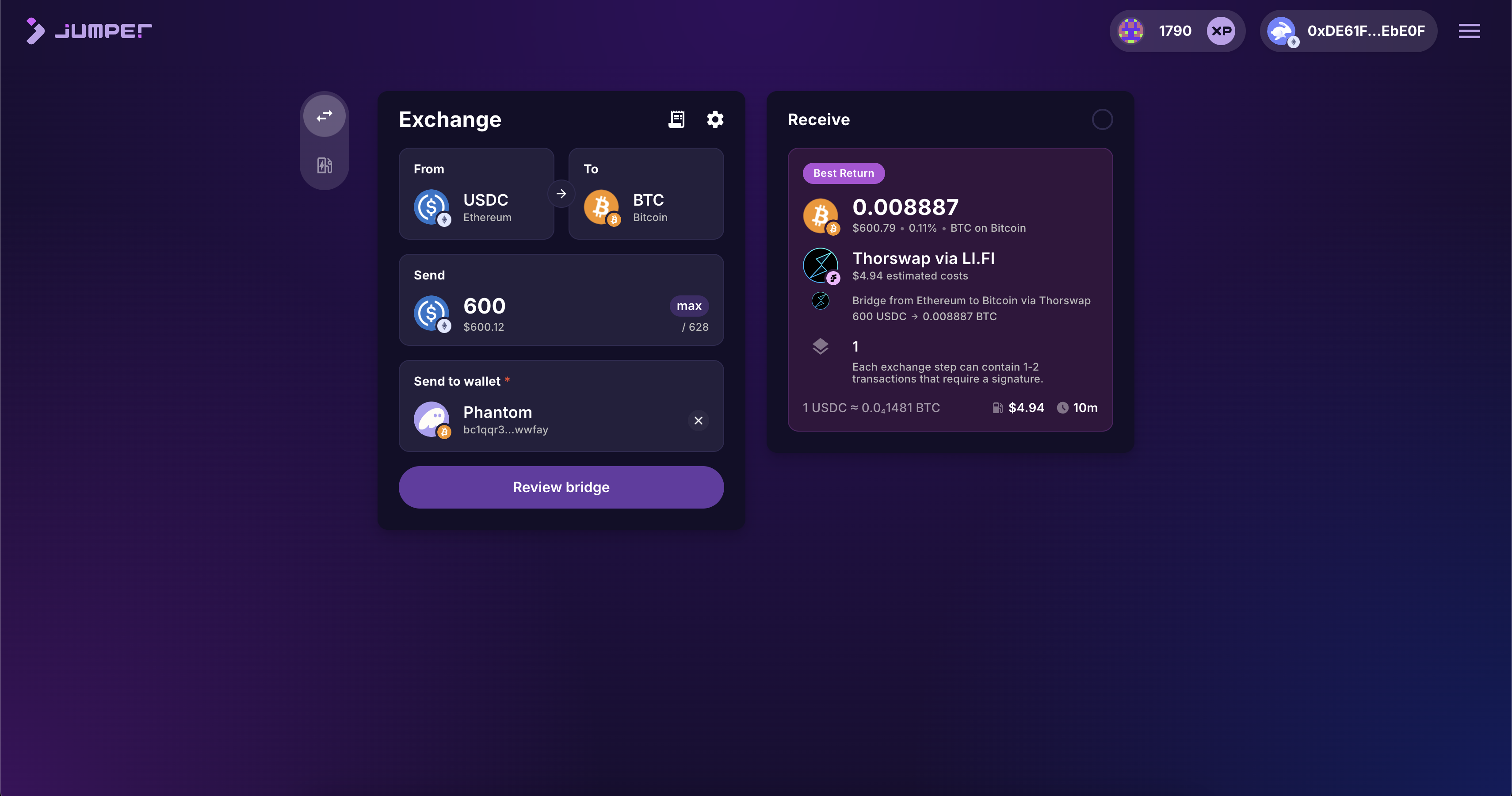 Jumper Exchange crypto bridge interface