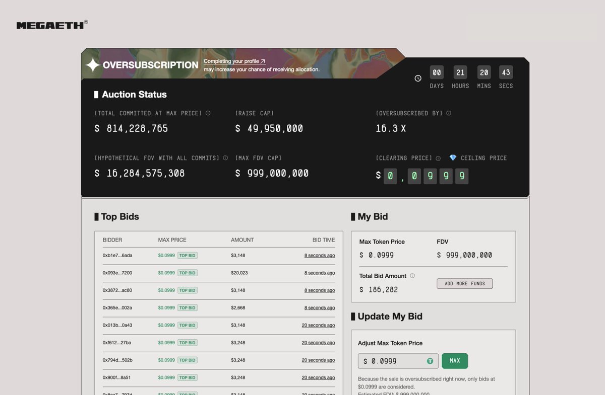 MegaETH token auction dashboard screenshot