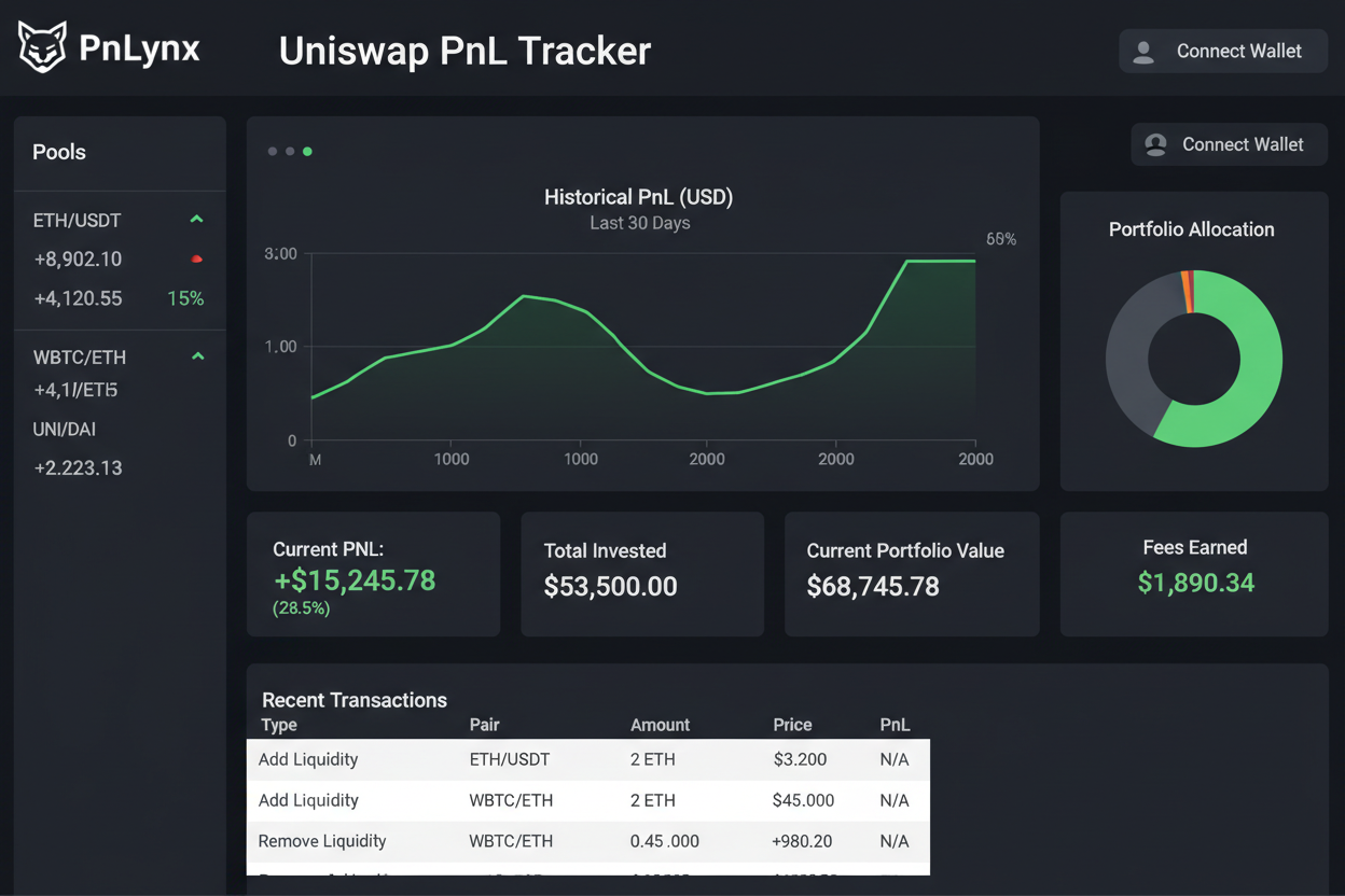 PnLynx dashboard for Uniswap PnL tracking