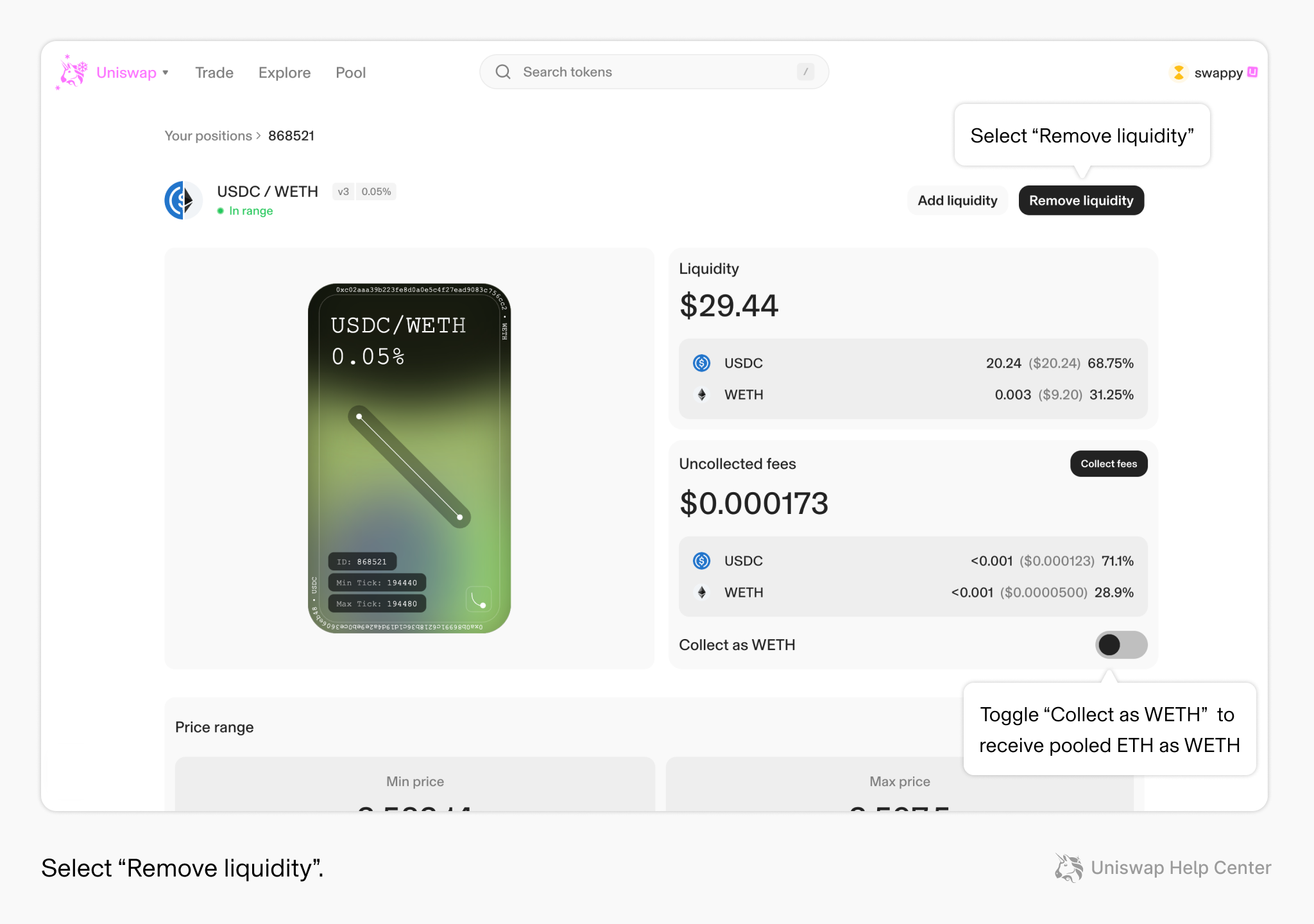 Uniswap LP token withdrawal interface