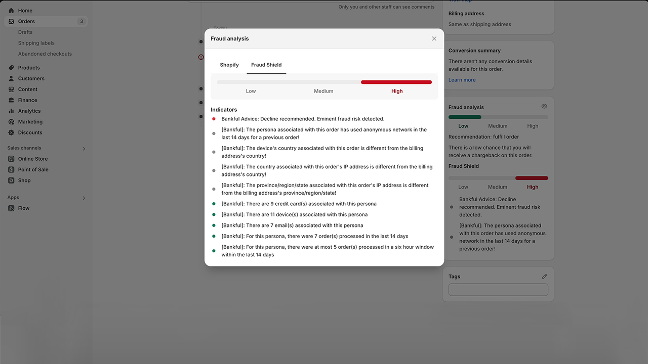 Shopify Payments fraud analysis feature