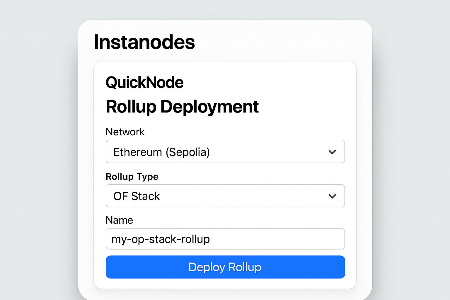 Instanodes QuickNode rollup deployment interface