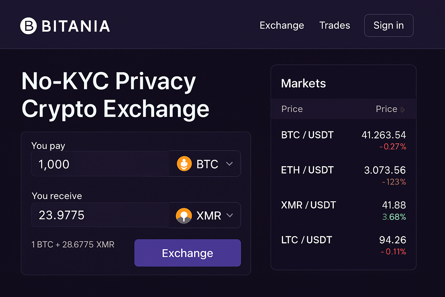 Bitania no-KYC privacy crypto exchange interface