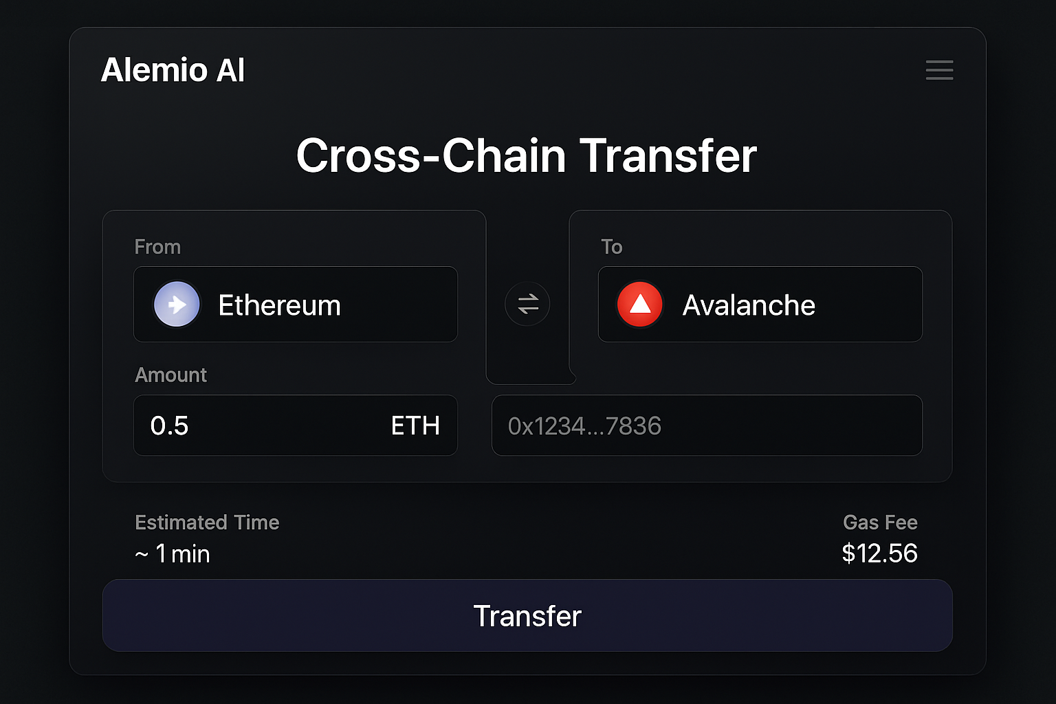 Alemio AI cross-chain transfer dashboard