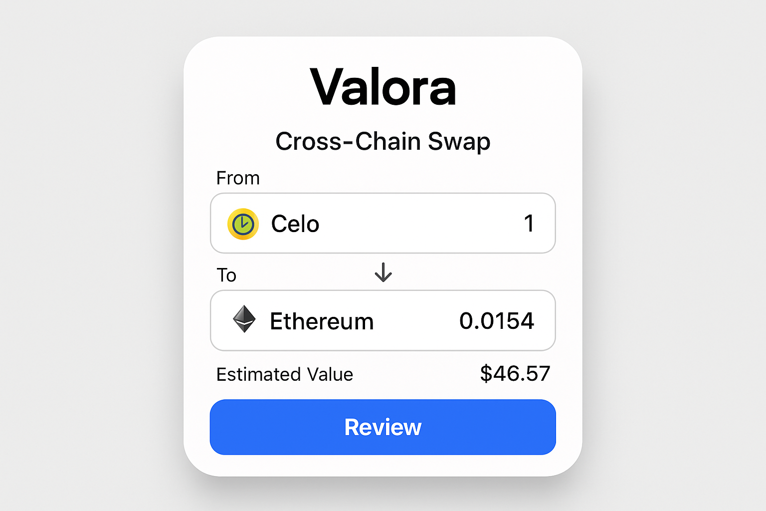 Valora Wallet cross-chain swap interface