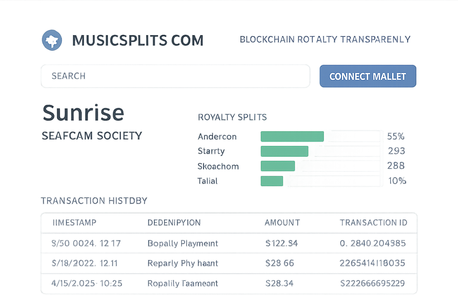MusicSplits.com blockchain royalty transparency interface
