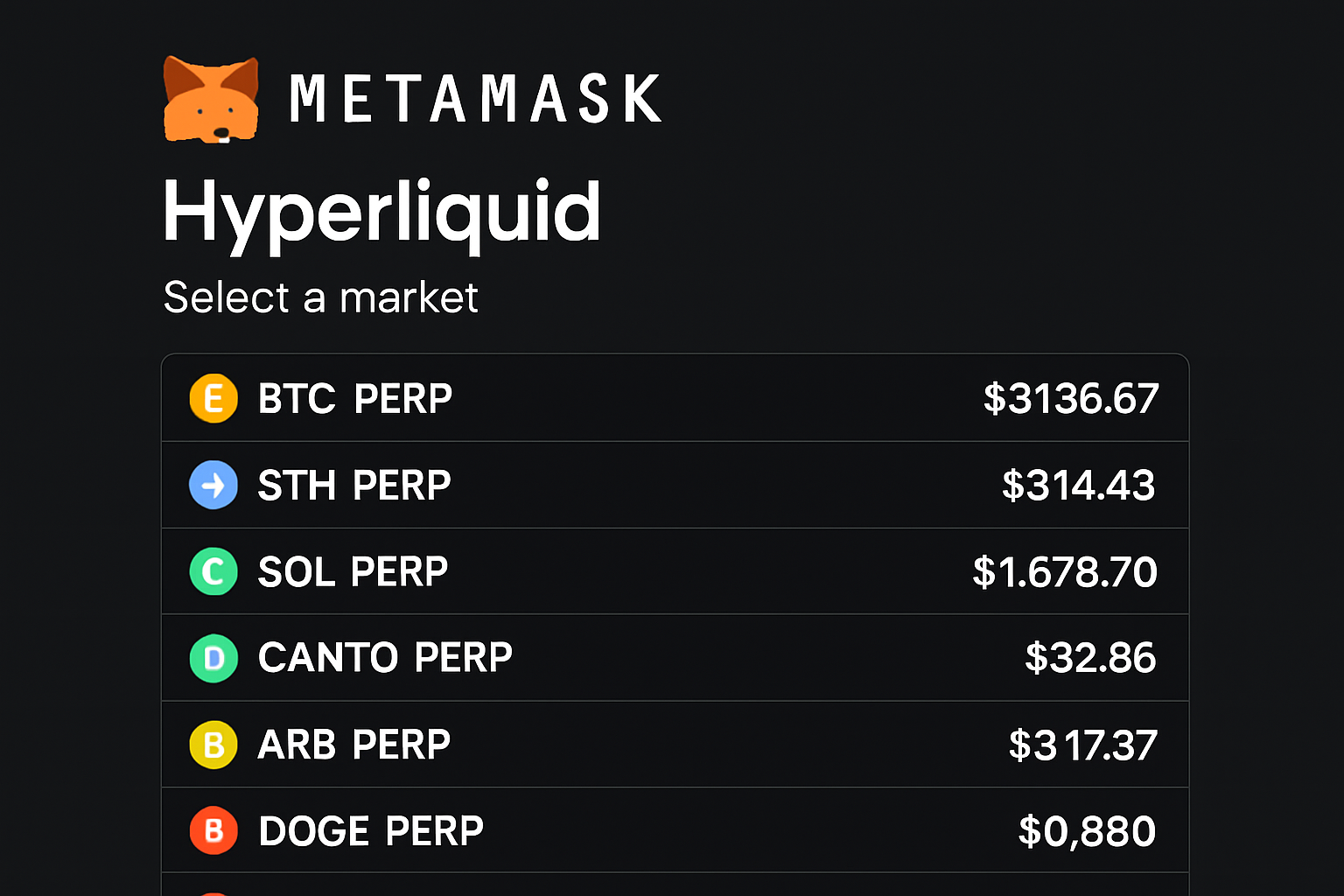 MetaMask Hyperliquid perpetuals market selection