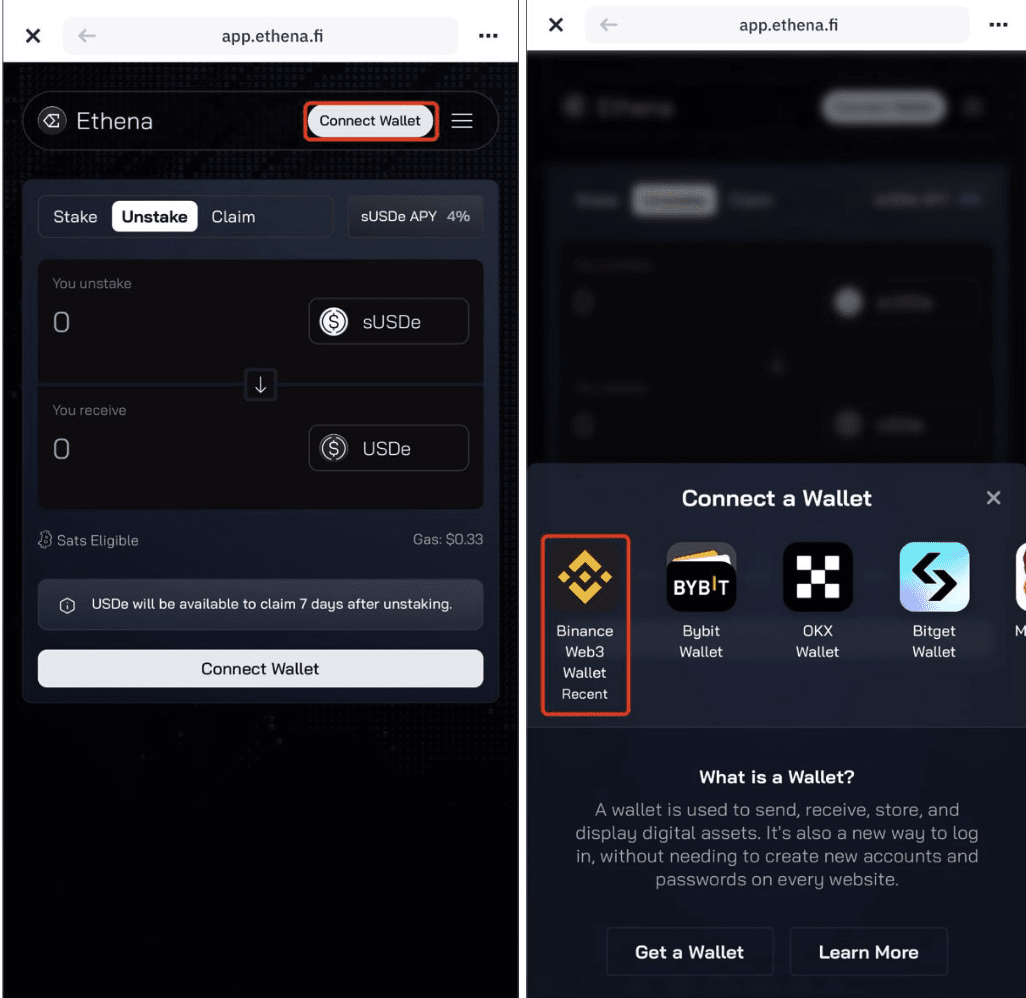 sUSDe Ethena stablecoin wallet interface