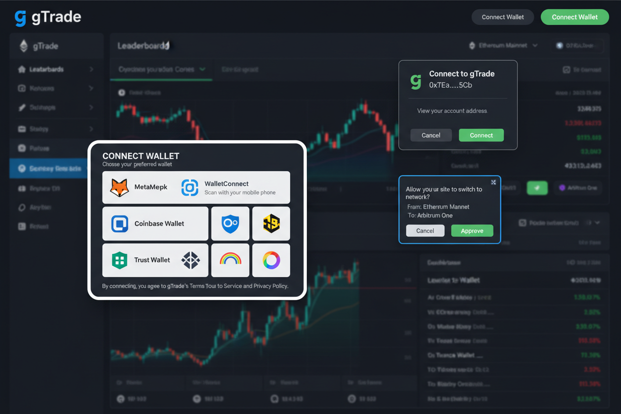 gTrade non-custodial wallet connect Arbitrum