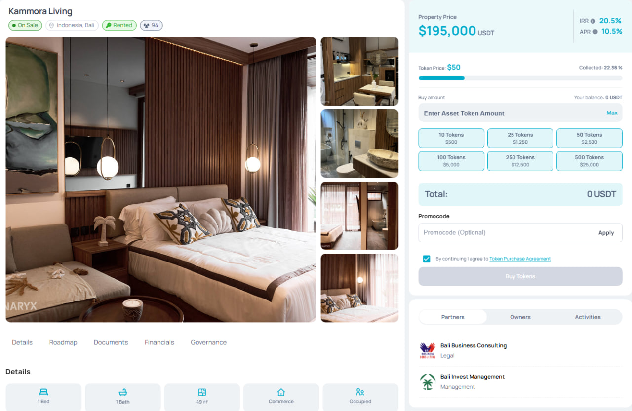 Binaryx tokenized property listing screenshot