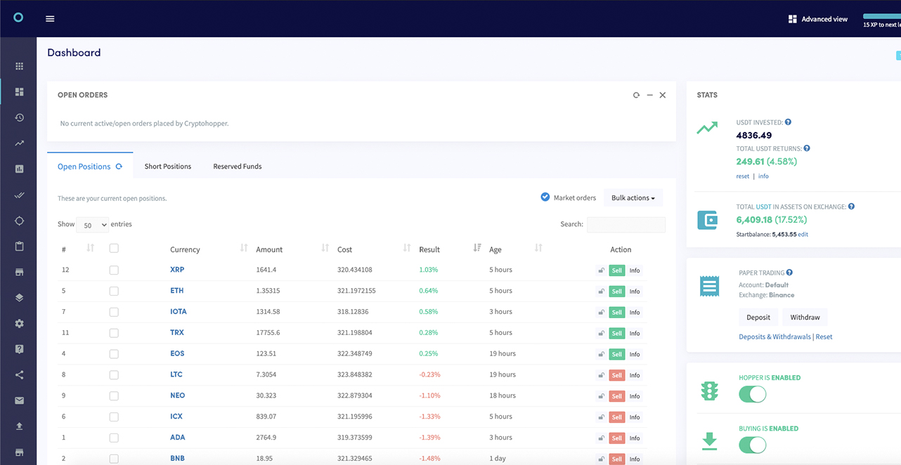 Cryptohopper AI market making dashboard
